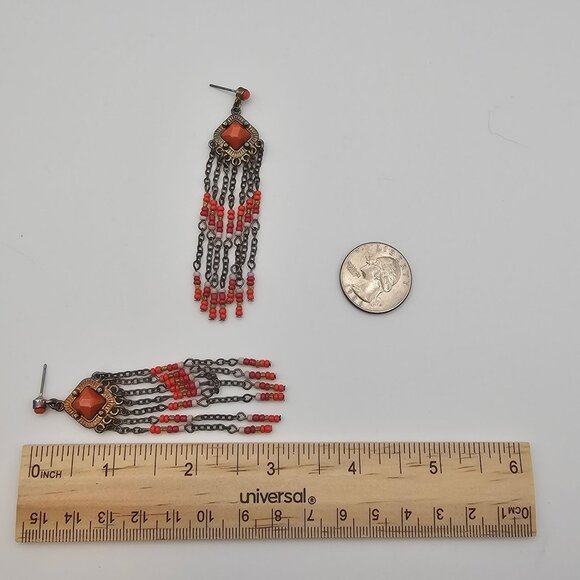 Beaded Orange Dangle Drop Brass Tone Hippie Boho Gypsy Tassel Rustic Earrings - Picture 9 of 10